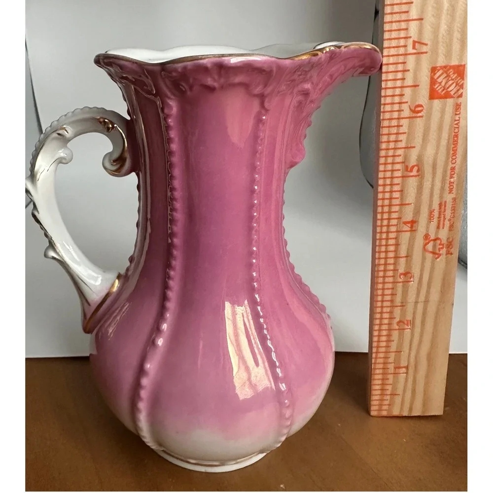 VTG Pink Ombre Porcelain Pitcher Gold Gilded Ornate Handle Mold 6975‎ Victorian